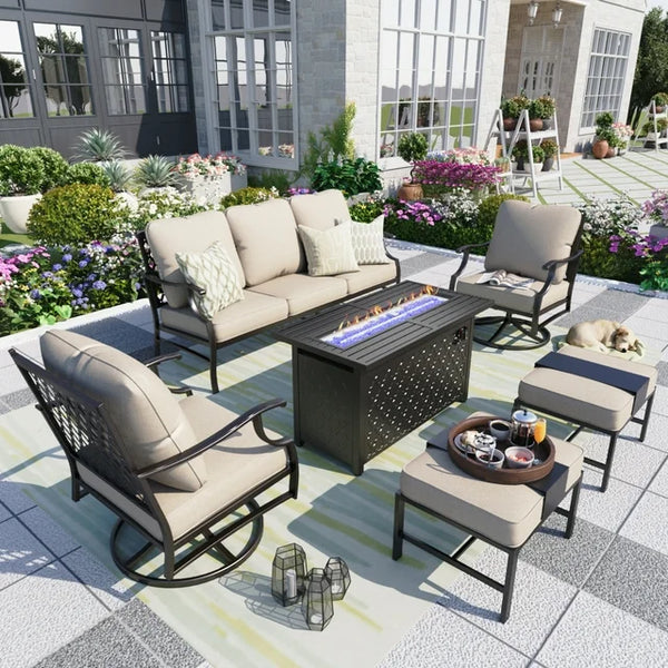 MF Studio 7-Seat Outdoor Patio Furniture Set with Fire Pit Table