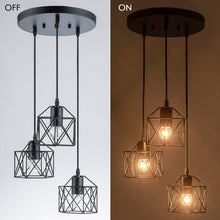 Garwarm Industrial 3-Light Pendant Light, Adjustable Flush Mount Ceiling Lighting for Kitchen Island Living Room Bedroom Hallway, Vintage Hanging Pendant Lights Fixture with Metal Cage Shade, Black