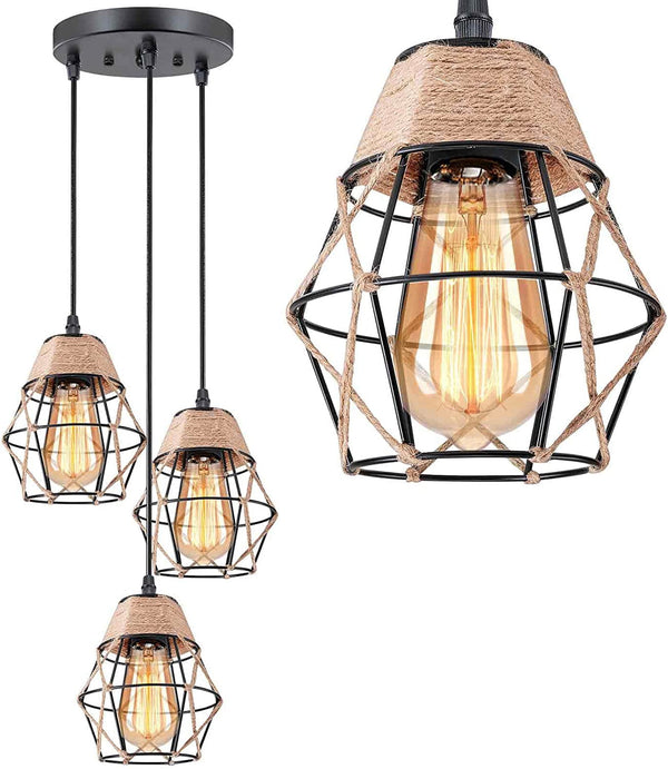 Industrial Pendant Lighting, Kitchen Island Cluster Chandelier, 3 Light Hanging Lighting Fixture with Hemp Rope Metal Shade, Adjustable Retro Ceiling Light for Dinning Room Bar Cafe Foyer Farmhouse