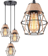 Industrial Pendant Lighting, Kitchen Island Cluster Chandelier, 3 Light Hanging Lighting Fixture with Hemp Rope Metal Shade, Adjustable Retro Ceiling Light for Dinning Room Bar Cafe Foyer Farmhouse