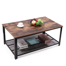 Jaxpety Coffee Table with Metal Frame and Mesh Storage Shelf for Living Room, Rustic Brown