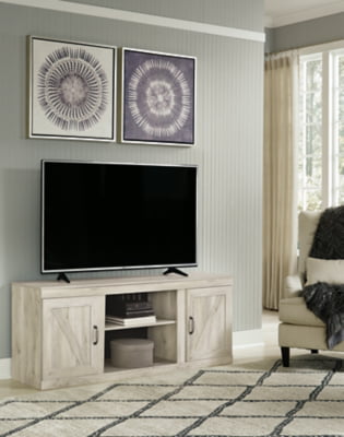 Signature Design by Ashley Bellaby Farmhouse TV Stand with Fireplace Option, Fits TVs up to 63", Whitewash