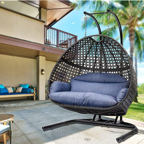 2 Person Swing Chair with Stand, X-Large Wicker Rattan Hanging Egg Chair Loveseat Chair with Cushion and Cover for Indoor/Outdoor