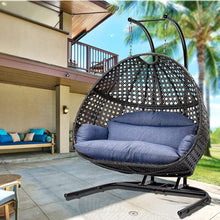 2 Person Swing Chair with Stand, X-Large Wicker Rattan Hanging Egg Chair Loveseat Chair with Cushion and Cover for Indoor/Outdoor