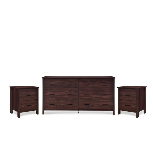 Noble House Hysham 3 Piece Double Dresser and Nightstand Set, Walnut