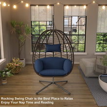 Kullavik Egg Chair with Stand Hammock Chair Wicker Rattan Patio Hanging Egg Chair, Indoor Outdoor Swing Egg Chair with Cushion Headrest for Patio Bedroom Porch Garden Balcony,Navy Blue