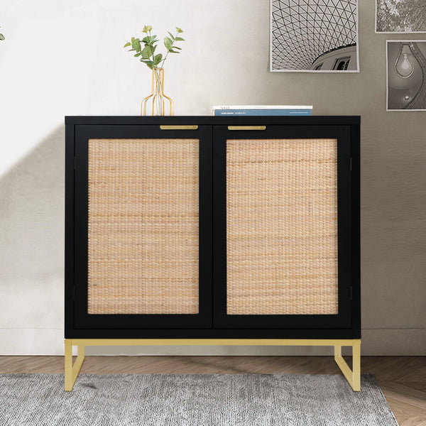 Eumyviv Modern Accent Sideboards Cabinets with 2 Rattan Doors, Mid-Century Buffets Storage Credenzas for Bedroom Living Room,Black,H0046