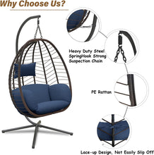 Kullavik Egg Chair with Stand Hammock Chair Wicker Rattan Patio Hanging Egg Chair, Indoor Outdoor Swing Egg Chair with Cushion Headrest for Patio Bedroom Porch Garden Balcony,Navy Blue
