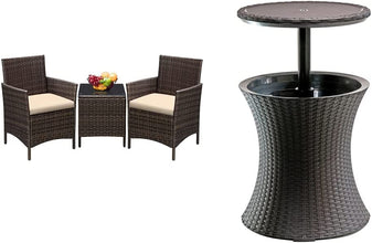 Greesum 3 Pieces Patio Furniture PE Rattan Wicker Chair Conversation Set, Gray and Beige