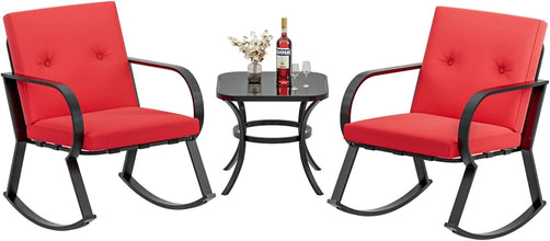 Greesum 3 Pieces Patio Furniture Sets, Outdoor Conversation Rocking Chairs with Soft Cushions and Glass Coffee Table for Balcony, Porch, Yard, Blue