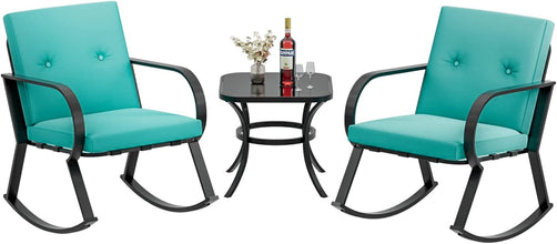 Greesum 3 Pieces Patio Furniture Sets, Outdoor Conversation Rocking Chairs with Soft Cushions and Glass Coffee Table for Balcony, Porch, Yard, Blue