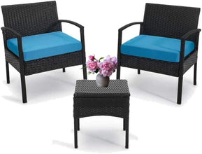 Leasbar Outdoor Chairs Set Bistro Set 3 Pieces Patio Conversation Set Furniture Set for Small Balcony Rattan Chairs and Table with Cushions Blue