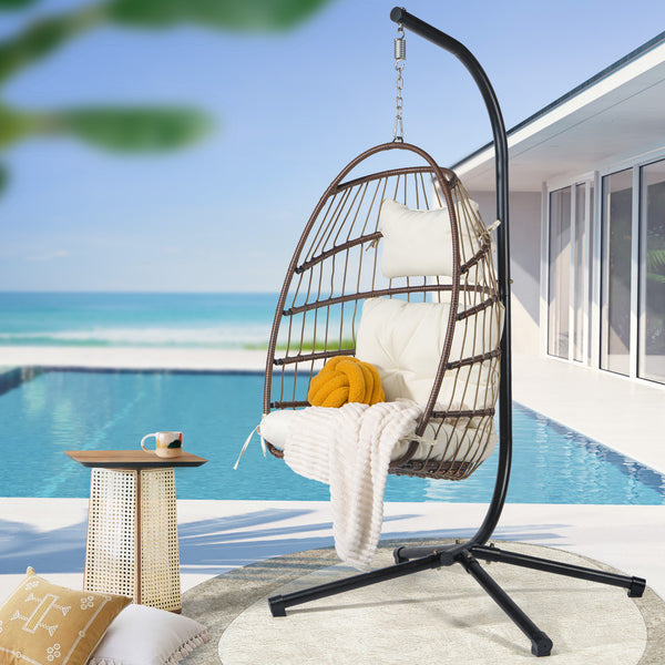 Cozy Castle Foldable PE Wicker Hanging Egg Chair with Stand w/ Cushion, Pillow & Protective Cover, Capacity 350lbs