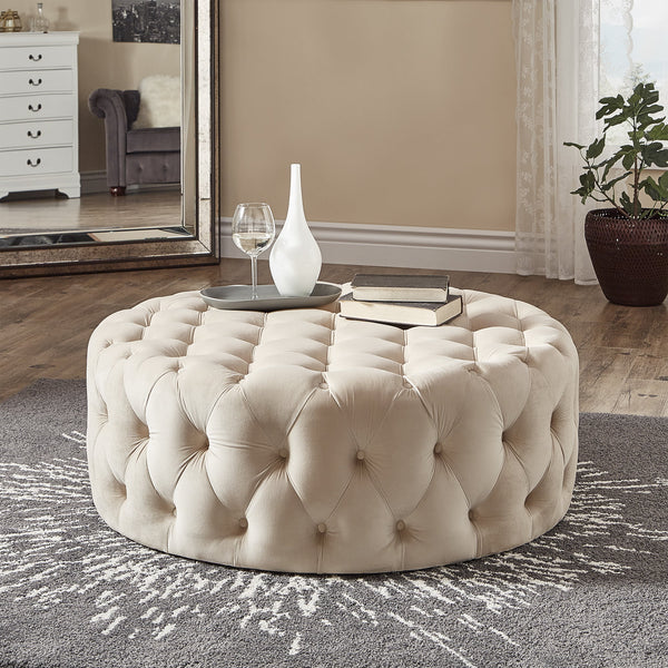 Weston Home Bowman Velvet Round Button Tufted Cocktail Ottoman, Beige