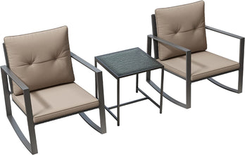 Pyramid Home Decor 3-Piece Rocking Bistro Set - Durable & Stylish Synthetic Wicker Outdoor Furniture - Glass Coffee Table with 2 Chairs for Balcony, Patio & Porch - Black Metal, Soft Gray Cushions