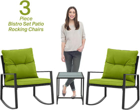 Pyramid Home Decor 3-Piece Rocking Bistro Set - Durable & Stylish Synthetic Wicker Outdoor Furniture - Glass Coffee Table with 2 Chairs for Balcony, Patio & Porch - Black Metal, Soft Gray Cushions