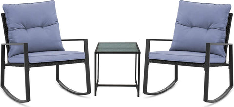 Pyramid Home Decor 3-Piece Rocking Bistro Set - Durable & Stylish Synthetic Wicker Outdoor Furniture - Glass Coffee Table with 2 Chairs for Balcony, Patio & Porch - Black Metal, Soft Gray Cushions