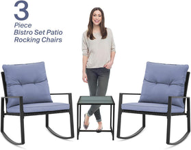Pyramid Home Decor 3-Piece Rocking Bistro Set - Durable & Stylish Synthetic Wicker Outdoor Furniture - Glass Coffee Table with 2 Chairs for Balcony, Patio & Porch - Black Metal, Soft Gray Cushions