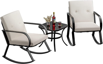 Greesum 3 Pieces Patio Furniture Sets, Outdoor Conversation Rocking Chairs with Soft Cushions and Glass Coffee Table for Balcony, Porch, Yard, Blue