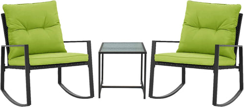 Pyramid Home Decor 3-Piece Rocking Bistro Set - Durable & Stylish Synthetic Wicker Outdoor Furniture - Glass Coffee Table with 2 Chairs for Balcony, Patio & Porch - Black Metal, Soft Gray Cushions