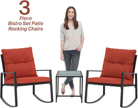 Pyramid Home Decor 3-Piece Rocking Bistro Set - Durable & Stylish Synthetic Wicker Outdoor Furniture - Glass Coffee Table with 2 Chairs for Balcony, Patio & Porch - Black Metal, Soft Gray Cushions