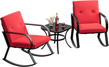 Greesum 3 Pieces Patio Furniture Sets, Outdoor Conversation Rocking Chairs with Soft Cushions and Glass Coffee Table for Balcony, Porch, Yard, Blue
