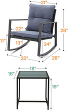 Pyramid Home Decor 3-Piece Rocking Bistro Set - Durable & Stylish Synthetic Wicker Outdoor Furniture - Glass Coffee Table with 2 Chairs for Balcony, Patio & Porch - Black Metal, Soft Gray Cushions