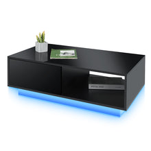 LED Coffee Table Side Table High Gloss Modern Coffee Tea Table W/Drawer & Open Shelf for Living Room Black