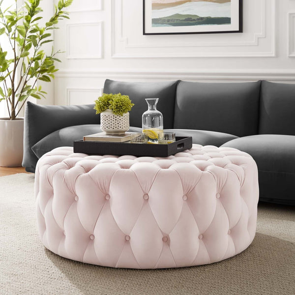 Amour Tufted Button Large Round Performance Velvet Ottoman-EEI-5469