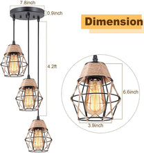Industrial Pendant Lighting, Kitchen Island Cluster Chandelier, 3 Light Hanging Lighting Fixture with Hemp Rope Metal Shade, Adjustable Retro Ceiling Light for Dinning Room Bar Cafe Foyer Farmhouse