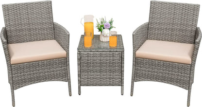 Greesum 3 Pieces Patio Furniture PE Rattan Wicker Chair Conversation Set, Gray and Beige
