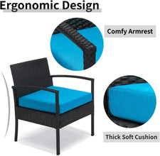 Leasbar Outdoor Chairs Set Bistro Set 3 Pieces Patio Conversation Set Furniture Set for Small Balcony Rattan Chairs and Table with Cushions Blue