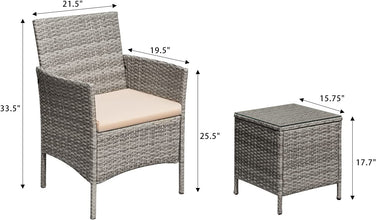 Greesum 3 Pieces Patio Furniture PE Rattan Wicker Chair Conversation Set, Gray and Beige