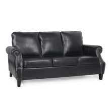 Noble House Amedou Faux Leather 3 Seater Sofa with Nailhead Trim, Midnight Black and Dark Brown