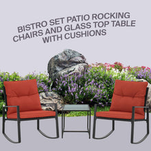 Pyramid Home Decor 3-Piece Rocking Bistro Set - Durable & Stylish Synthetic Wicker Outdoor Furniture - Glass Coffee Table with 2 Chairs for Balcony, Patio & Porch - Black Metal, Soft Gray Cushions