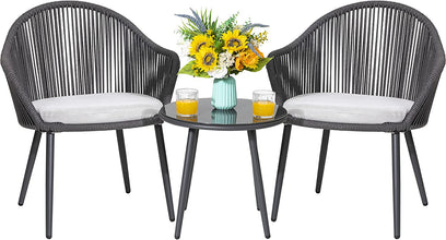 Nuu Garden 3 Piece Woven Rope Patio Furniture Set with Cushions, All Weather Patio Conversation Bistro Set