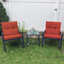 Pyramid Home Decor 3-Piece Rocking Bistro Set - Durable & Stylish Synthetic Wicker Outdoor Furniture - Glass Coffee Table with 2 Chairs for Balcony, Patio & Porch - Black Metal, Soft Gray Cushions