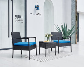 Leasbar Outdoor Chairs Set Bistro Set 3 Pieces Patio Conversation Set Furniture Set for Small Balcony Rattan Chairs and Table with Cushions Blue