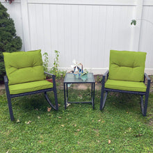 Pyramid Home Decor 3-Piece Rocking Bistro Set - Durable & Stylish Synthetic Wicker Outdoor Furniture - Glass Coffee Table with 2 Chairs for Balcony, Patio & Porch - Black Metal, Soft Gray Cushions