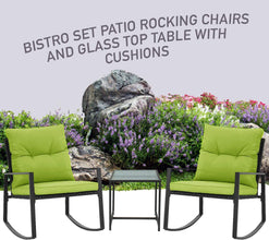 Pyramid Home Decor 3-Piece Rocking Bistro Set - Durable & Stylish Synthetic Wicker Outdoor Furniture - Glass Coffee Table with 2 Chairs for Balcony, Patio & Porch - Black Metal, Soft Gray Cushions