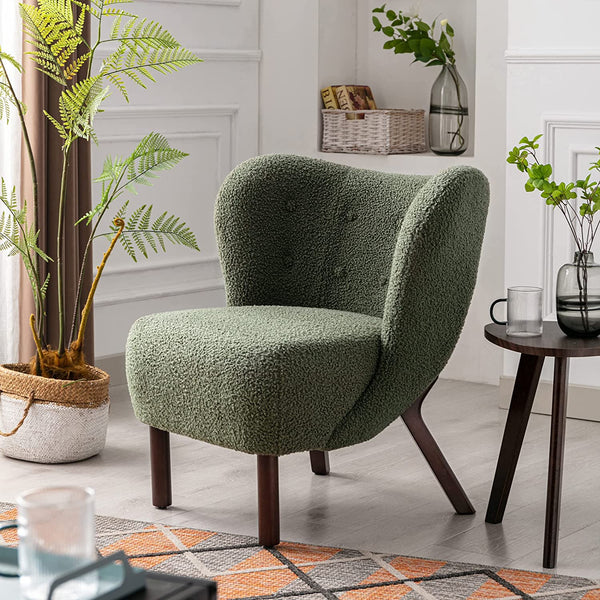 Merax Blush Modern Cute Plush Sherpa Accent Chair with Wood Legs Tufted Wingback Living Room Armchair