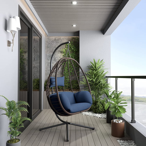 Kullavik Egg Chair with Stand Hammock Chair Wicker Rattan Patio Hanging Egg Chair, Indoor Outdoor Swing Egg Chair with Cushion Headrest for Patio Bedroom Porch Garden Balcony,Navy Blue