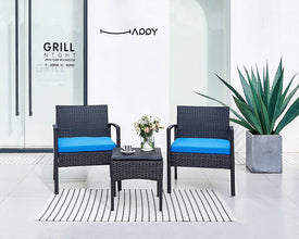 Leasbar Outdoor Chairs Set Bistro Set 3 Pieces Patio Conversation Set Furniture Set for Small Balcony Rattan Chairs and Table with Cushions Blue