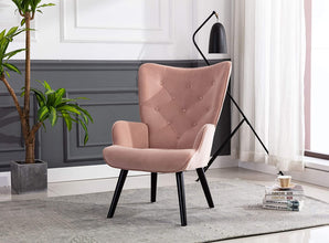 Dolonm Velvet Accent Chair Modern Tufted Button Wingback Vanity Chair with Arms Upholstered Tall Back Desk Chair with Solid Wood Legs for Living Room Bedroom Waiting Room(Teal)