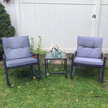 Pyramid Home Decor 3-Piece Rocking Bistro Set - Durable & Stylish Synthetic Wicker Outdoor Furniture - Glass Coffee Table with 2 Chairs for Balcony, Patio & Porch - Black Metal, Soft Gray Cushions