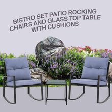 Pyramid Home Decor 3-Piece Rocking Bistro Set - Durable & Stylish Synthetic Wicker Outdoor Furniture - Glass Coffee Table with 2 Chairs for Balcony, Patio & Porch - Black Metal, Soft Gray Cushions