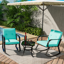 Greesum 3 Pieces Patio Furniture Sets, Outdoor Conversation Rocking Chairs with Soft Cushions and Glass Coffee Table for Balcony, Porch, Yard, Blue