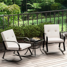 Greesum 3 Pieces Patio Furniture Sets, Outdoor Conversation Rocking Chairs with Soft Cushions and Glass Coffee Table for Balcony, Porch, Yard, Blue