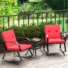Greesum 3 Pieces Patio Furniture Sets, Outdoor Conversation Rocking Chairs with Soft Cushions and Glass Coffee Table for Balcony, Porch, Yard, Blue