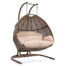 2 Person Hanging Double Swing Chair, X-Large Wicker Rattan Egg Chair with Stand and Cushion for Indoor Outdoor Patio Garden ,Beige+Brown